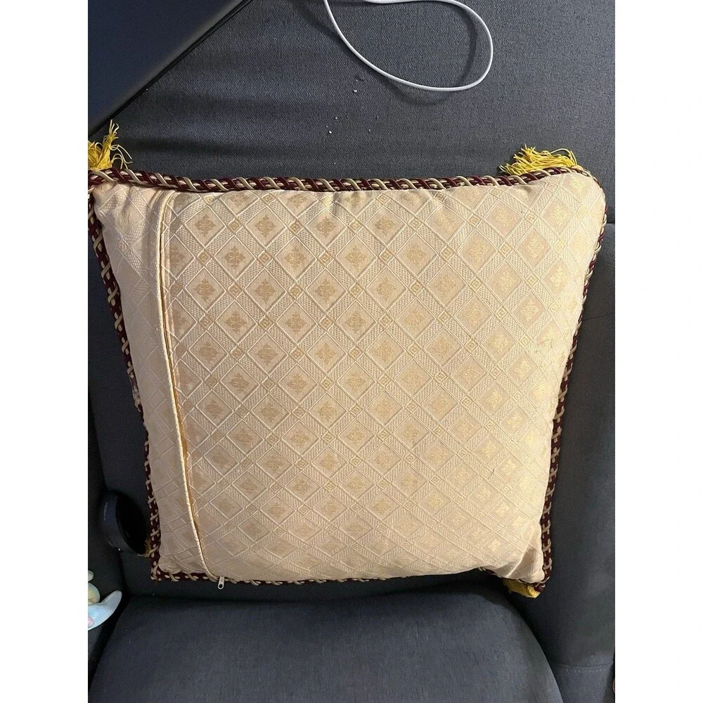 Yellow Decorative Pillow with Diamond Pattern, Tassels and Rope Trim